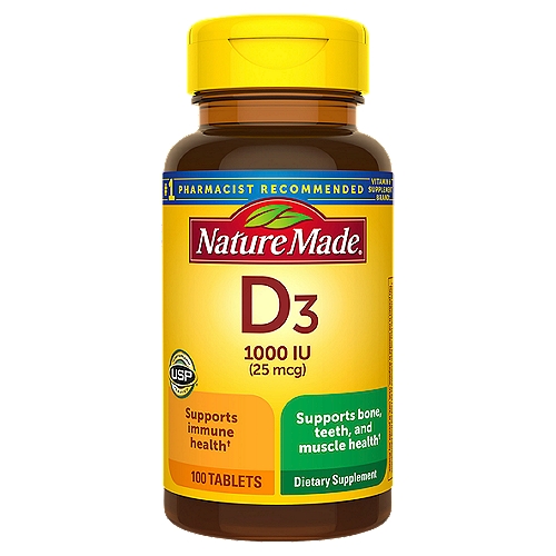 Nature Made Vitamin D3 1000 IU (25 mcg) Tablets, 100 Count
Dietary Supplement

Supports immune health†
Supports bone teeth & muscle health†
†These statements have not been evaluated by the Food and Drug Administration. This product is not intended to diagnose, treat, cure, or prevent any disease.