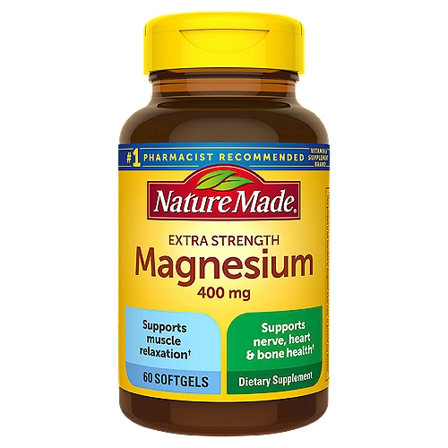 Nature Made Extra Strength Magnesium 400 mg Softgels, 60 Count
Dietary Supplement

Supports muscle relaxation†
Supports nerve, heart & bone health†
†These statements have not been evaluated by the Food and Drug Administration. This product is not intended to diagnose, treat, cure, or prevent any disease.

Made to our guaranteed purity and potency standards.