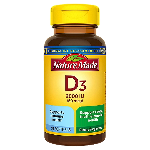 Nature Made Vitamin D3 2000 IU (50 mcg) Softgels, 90 Count
Dietary Supplement

Supports immune health†

Supports bone, teeth & muscle health†
†These statements have not been evaluated by the Food and Drug Administration. This product is not intended to diagnose, treat, cure, or prevent any disease.

Quality tested in the USA. Made to our guaranteed purity and potency standards.