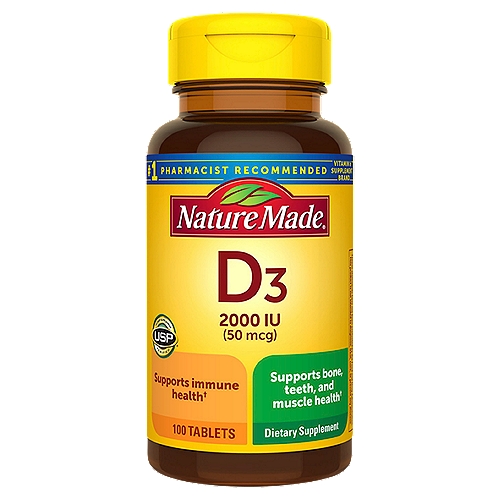Nature Made Vitamin D3 2000 IU (50 mcg) Tablets, 100 Count
Dietary Supplement

Supports immune health†
Supports bone, teeth, and muscle health†
†This product is not intended to diagnose, treat, cure, or prevent any disease.