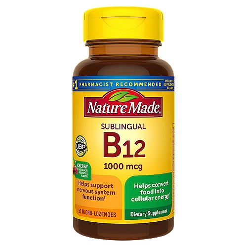Nature Made Sublingual Vitamin B12 1000 mcg Micro-Lozenges, 50 Count
Dietary Supplement

Helps support nervous system function†
Helps convert food into cellular energy†
†This statement has not been evaluated by the Food and Drug Administration. This product is not intended to diagnose, treat, cure, or prevent any disease.