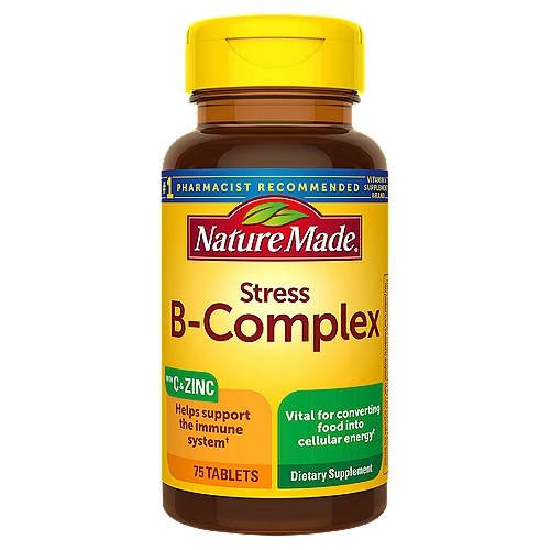 Nature Made Stress B-Complex with Vitamin C and Zinc Tablets, 75 Count
Helps support the immune system†

Vital for converting food into cellular energy†
†These statements have not been evaluated by the Food and Drug Administration. This product is not intended to diagnose, treat, cure, or prevent any disease.

Made to our guaranteed purity and potency standards.