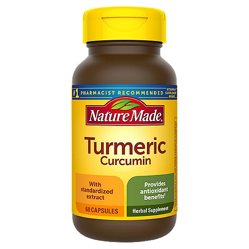 Nature Made Turmeric 500 mg Capsules, 60 Count
Herbal Supplement

Provides antioxidant benefits†
†This statement has not been evaluated by the Food and Drug Administration. This product is not intended to diagnose, treat, cure or prevent any disease.

Turmeric (Curcuma longa) is an ancient Indian spice. The curcumin in turmeric has antioxidant activity and is responsible for its vibrant yellow color.

Made to our guaranteed purity and potency standards.