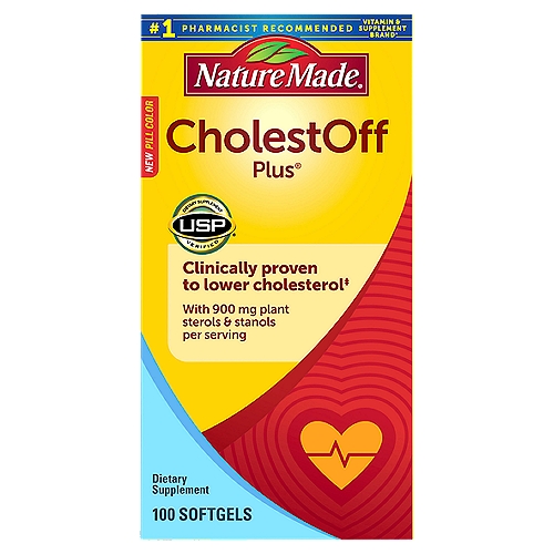 Nature Made CholestOff Plus Softgels, 100 Count
Dietary Supplement

Clinically proven to lower cholesterol‡ 
Nature Made CholestOff Plus® is made with esterified Reducol™, a proprietary blend of plant-based sterols and stanols (also called phytosterols) which help lower LDL (''bad'') cholesterol.‡
✓ Reducol™ lower cholesterol by reducing the absorption of dietary cholesterol into the bloodstream.‡
✓ CholestOff Plus® is an easy-to-swallow softgel.
‡Products containing at least 400 mg per serving of plant sterols and stanols, eaten twice a day with meals for a daily intake of at least 800 mg as part of a diet low in saturated fat and cholesterol, may reduce the risk of heart disease.
One serving of Nature Made CholestOff Plus® supplies 900 mg of plant sterols and stanols for a daily intake of 1800 mg.