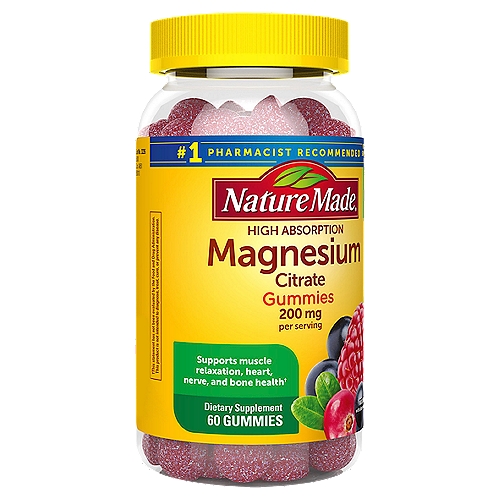 Nature Made High Absorption Magnesium Citrate 200mg Gummies, 60 Count
Dietary Supplement

Supports muscle relaxation, heart, nerve, and bone health†
†This statement has not been evaluated by the food and drug administration. This product is not intended to diagnose, treat, cure, or prevent any disease.

Made to our guaranteed purity and potency standards.