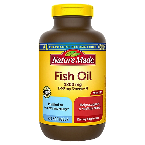 Nature Made Fish Oil 1200 mg Softgels, 230 Count Mega Size
Dietary Supplement

Purified to remove mercury▲
▲ Purified to remove PCBs, dioxins and furans, and mercury to ensure levels below 0.09 ppm, 2 ppt WHO TEQs, and 0.1 ppm respectively

Helps support a healthy heart†
†This statement has not been evaluated by the food and drug administration. This product is not intended to diagnose, treat, cure, or prevent any disease.

Supportive but not conclusive research shows that consumption of EPA and DHA omega-3 fatty acids may reduce the risk of coronary heart disease. (See nutrition information for total fat, saturated fat and cholesterol content).