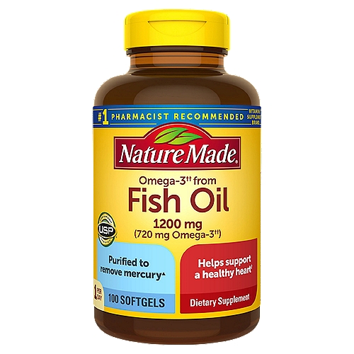 Nature Made One Per Day Fish Oil 1200 mg, 100 Count
Dietary Supplement

Omega-3†† from fish oil 1200 mg (720 mg omega-3††)
††As ethyl esters

Purified to remove mercury▲
▲Purified to remove PCBs, dioxins and furans, and mercury to ensure levels below 0.09 ppm, 2 ppt WHO TEQs, and 0.1 ppm respectively.

Helps support a healthy heart, brain, and eyes†
†This statement has not been evaluated by the Food and Drug Administration. This product is not intended to diagnose, treat, cure, or prevent any disease.