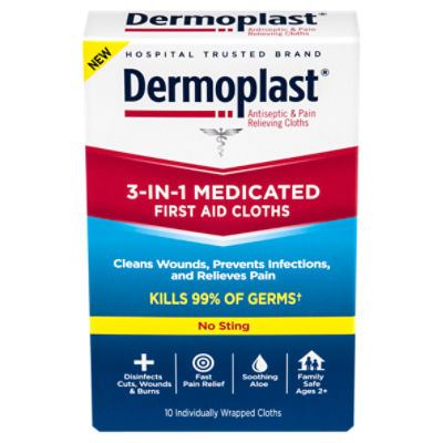 Dermoplast 3-in-1 Medicated First Aid On-the-Go Cloths, Ages 2+, 10 count, 10 Each