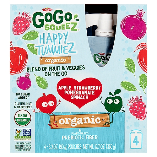 Materne GoGo Squeez Happy TummieZ Organic Blend of Fruit & Veggies on the Go, 3.2 oz, 4 count
Happy TummieZ Organic Apple Strawberry Pomegranate Spinach Blend of Fruit & Veggies on the Go

No sugar added*
*Not a low calorie food. See nutrition facts for sugars & calorie content.

Little tummies have big jobs to do to stay healthy.
That's why we created GoGo SqueeZ® Happy TummieZ. Prebiotic fiber nourishes the naturally occurring probiotics in the gut to help them thrive to remain strong and support over all wellness.†
GoGo SqueeZ® Happy TummieZ helps your kids reach their true potential by being part of a healthy lifestyle.
†1 pouch of Happy TummieZ contains 2.5g of the 5g of Inulin prebiotic fiber needed to support the gut. We recommended eating 1-2 pouches a day.