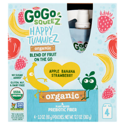GoGo Squeez Happy Tummiez Organic Apple Banana Strawberry Blend of Fruit on the Go, 3.2 oz, 4 count