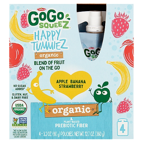 Materne GoGo Squeez Happy TummieZ Organic Blend of Fruit on the Go, 3.2 oz, 4 count
Organic Happy TummieZ Apple Banana Strawberry Blend of Fruit on the Go

No sugar added*
*Not a low calorie food. See nutrition facts for sugars & calorie content.

Little tummies big jobs to do stay healthy.
That's why we created GoGo SqueeZ® Happy TummieZ. Prebiotic fiber nourishes the naturally occurring probiotics in the gut to help them thrive to remain strong and support over all wellness.†
GoGo SqueeZ® Happy TummieZ helps your kids reach their true potential by being part of a healthy lifestyle.
†1 pouch of Happy TummieZ contains 2.5g of the 5g of inulin prebiotic fiber needed to support the gut. We recommended eating 1-2 pouches a day.