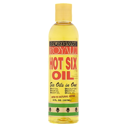 African Royale Hot Six Oil, 8 fl oz
Six Oils in One
1. Hot Oil
2. Hair Oil
3. Body Oil
4. Scalp Oil
5. Bath Oil
6. Nail Oil

Hot Six Oil™ is made from only All Natural plant herbs and oils with absolutely No Animal Fat or animal oils. Hot Six Oil's™ special light formula goes in hair, skin, scalp, and nail cuticles easily and without a heavy oil buildup. Hot Six Oil™ leaves your hair light and well conditioned.