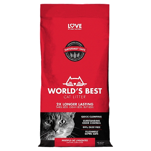 World's Best Cat Litter™ Multiple Cat Unscented, 8 lb
Love
It's Only Natural.™

The #1 Natural Cat Litter Made from Whole Kernel Corn

Use Less & Get More
How Long Does One Bag Last?
1 cat = 38+ days
2 cats = 19+ days
3 cats = 12+ days
Calculated based on average size cats. Results may vary.

''Absorbs All Odors, Clumps Very Well, and So Easy to Clean!''
- Caroline F, Tx

With an added natural plant material for enhanced odor control, this formula is ideal for homes with 2 or more cats.

The Long-Lasting Power of Corn
Why settle for clay? World's Best Cat Litter™ compresses corn into super-absorbent granules that trap odor and simplify cleanup with quick-clumping action. The result is a long-lasting solution that allows you to smell less, clean less and buy less!