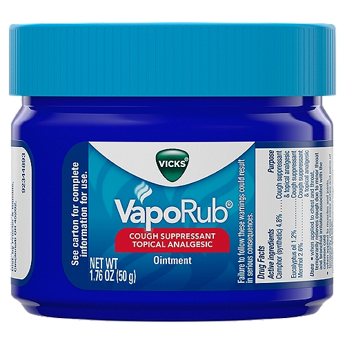 VICKS VapoRub Cough Suppressant Topical Analgesic Ointment, 1.76 oz
Vicks VapoRub ointment with medicated vapors begin to work fast to relieve your cough. Use on chest and throat; temporarily relieves cough due to common cold.