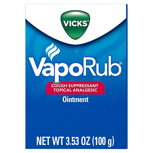 VICKS VapoRub Cough Suppressant Topical Analgesic Ointment, 3.53 oz
Vicks VapoRub ointment with medicated vapors begin to work fast to relieve your cough. Use on chest and throat; temporarily relieves cough due to common cold.