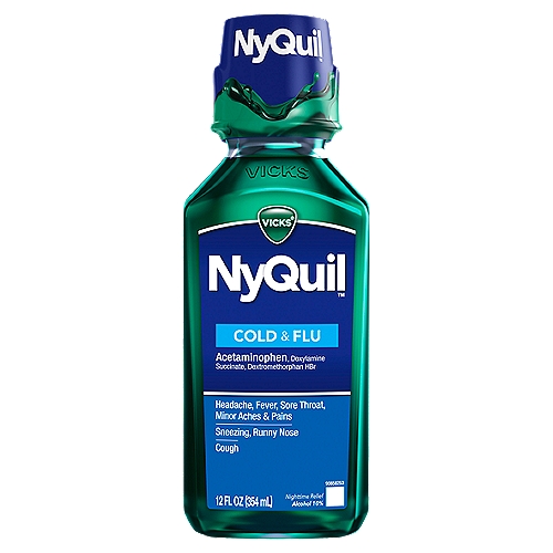 VICKS NyQuil Cold & Flu Nighttime Relief Liquid, 12 fl oz
Vicks NyQuil Cold & Flu delivers powerful nighttime relief for your worst cold and flu symptoms so that you can get the rest you need. Fight symptoms such as cough, headache, fever, sore throat, minor aches and pains, sneezing, runny nose. Contains acetaminophen.Use as directed. Keep out of reach of children. *Data represents brand/product selections from the 2019 Pharmacy Times Survey of Pharmacists' OTC Recommendations.
