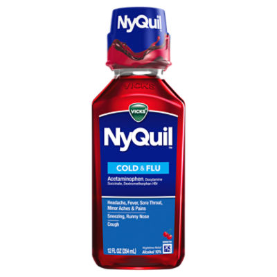 Vicks NyQuil Cold and Flu Medicine, 12 fl oz, Cherry Flavor, Relieves Nighttime Cough, Sore Throat, Fever, Runny Nose