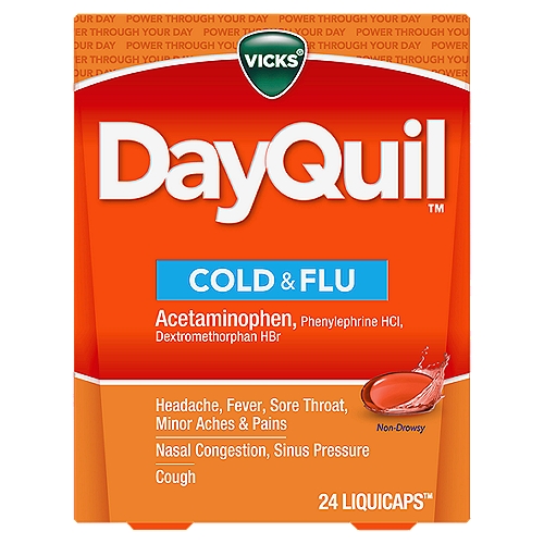 VICKS DayQuil Non-Drowsy Cold & Flu LiquiCaps, 24 count
Vicks DayQuil Cold & Flu provides powerful, non-drowsy, daytime relief for your worst cold and flu symptoms. DayQuil relieves headache, fever, sore throat, minor aches & pains, nasal congestion, and cough. Contains acetaminophen.Use as directed. Keep out of reach of children.*Data represents brand/product selections from the 2020 Pharmacy Times Survey of Pharmacists' OTC Recommendations.