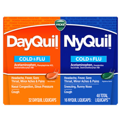 Vicks DayQuil and NyQuil Cold, Flu and Congestion Medicine, 48 LiquiCaps Convenience Pack, Relieves Cough, Sore Throat, Fever, Runny Nose, Daytime and Nighttime