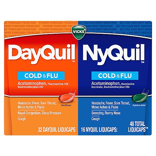Vicks DayQuil and NyQuil Cold, Flu and Congestion Medicine, 48 LiquiCaps Convenience Pack, Relieves Cough, Sore Throat, Fever, Runny Nose, Daytime and Nighttime