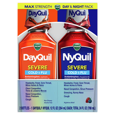 Vicks DayQuil and NyQuil SEVERE Cold & Flu Berry Liquid Medicine, Max Strength Relief for Headache, Fever, Sore Throat, Minor Aches and Pains, Nasal Congestion, Sinus Pressure, Stuffy Nose, and Cough, Combo Pack, 2 x 12 oz Bottles, 1 NyQuil, 1 DayQuil, 24 Fluid ounce