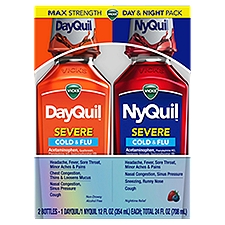 Vicks DayQuil and NyQuil SEVERE Cold & Flu Berry Liquid Medicine, Max Strength Relief for Headache, Fever, Sore Throat, Minor Aches and Pains, Nasal Congestion, Sinus Pressure, Stuffy Nose, and Cough, Combo Pack, 2 x 12 oz Bottles, 1 NyQuil, 1 DayQuil