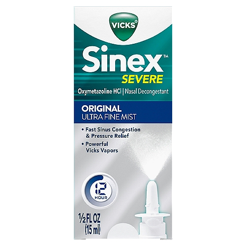 VICKS Sinex Severe Original Ultra Fine Mist, 1/2 fl oz
The Power of VICKS brought to you by the world's #1 selling cough and cold brand! Sinex Severe Original Ultra Fine Mist Nasal Spray starts working in seconds to relieve the sinus and nasal congestion that often accompanies colds or allergies - so you can breathe freely fast. The active ingredient, oxymetazoline HCl, is an effective nasal decongestant and works for 12 hours for long-lasting relief of nasal stuffiness and sinus pressure. For adults and children 6 years and older (with adult supervision): 2 or 3 sprays in each nostril, not more often than every 10-12 hours. Do not exceed 2 doses in 24 hours.