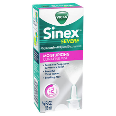 Vicks Sinex SEVERE Nasal Spray, Moisturizing Ultra Fine Mist with Aloe, Decongestant Medicine, Relief from Stuffy Nose due to Cold or Allergy, & Nasal Congestion, Sinus Pressure Relief, 265 Sprays