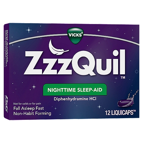 VICKS ZzzQuil Nighttime Sleep-Aid Liquicaps, 12 count
Everyone deserves a good night's sleep. When you're having trouble getting the rest you need, but don't want to take prescription sleeping pills, try Zzzquil LiquiCaps. This non-habit-forming sleep-aid helps you get some shut-eye, so you can wake up feeling refreshed and ready to take on your day.