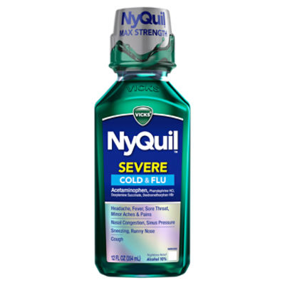 Vicks NyQuil SEVERE Cold, Flu, and Congestion Medicine, 12 fl oz, Original Flavor, Maximum Strength, Relieves Nighttime Cough, Sore Throat, Fever, Congestion, Fever, Runny Nose