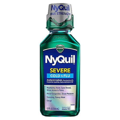 Vicks NyQuil SEVERE Cold, Flu, and Congestion Medicine, 12 fl oz, Original Flavor, Maximum Strength, Relieves Nighttime Cough, Sore Throat, Fever, Congestion, Fever, Runny Nose