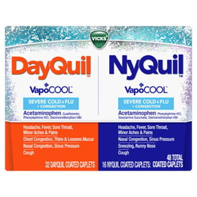 Vicks DayQuil & NyQuil VapoCOOL SEVERE Cold & Flu + Congestion Over-the-Counter Medicine Co-Pack, Powerful Relief for Headache, Fever, Sore Throat, Minor Aches and Pains, Nasal Congestion, Sinus Pressure, Stuffy Nose, and Cough, 48ct