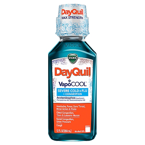 Vicks DayQuil VapoCool Severe Cold & Flu + Congestion Liquid, 12 fl oz 
DayQuil VapoCOOL SEVERE Cold, Flu and Congestion provides max-strength, non-drowsy, relief for your worst cold and flu symptoms. DayQuil VapoCOOL relieves cough, fever, sore throat, minor aches & pains, headache, chest congestion, nasal congestion, and sinus pressure so that you can power through your day. Contains acetaminophen.*Data represents brand/product selections from the 2020 Pharmacy Times Survey of Pharmacists' OTC Recommendations.