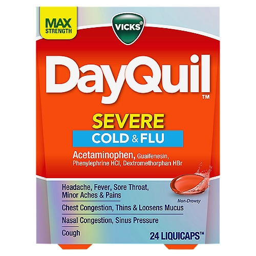 Vicks DayQuil SEVERE Cold, Flu and Congestion Medicine, 24 Liquicaps, Maximum Strength, Relieves Cough, Sore Throat, Fever, Chest Congestion, Liquid Capsules