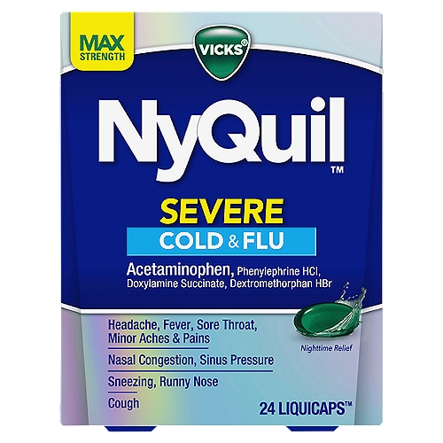 VICKS NyQuil Severe Max Strength Cold & Flu Nighttime Relief LiquiCaps, 24 count
