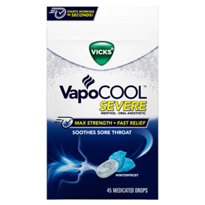 Vicks VapoCool Severe Medicated Sore Throat Drops, Max Strength Menthol, Soothes Sore Throat Pain, Winterfrost Flavor, 45ct, 45 Each