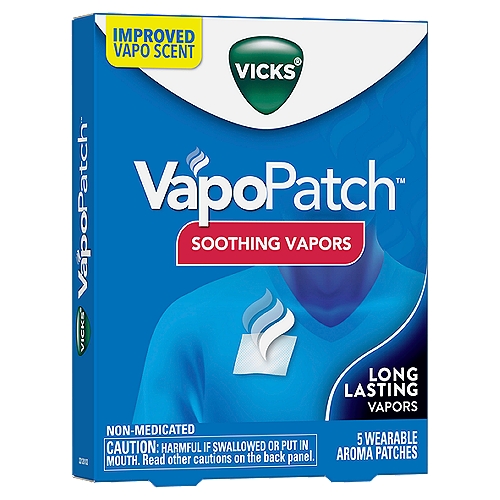 VICKS VapoPatch Soothing Vapors Wearable Aroma Patches, 5 count
Vicks VapoPatch provides soothing non-medicated vapors in an easy-to-use aroma patch. Soothe your senses with Vicks VapoPatch. Simply peel, apply, and breathe in soothing non-medicated vapors. VapoPatch contains a blend of eucalyptus and essential oils + scents of menthol & camphor. Non-medicated. Not intended to treat cold or flu symptoms.