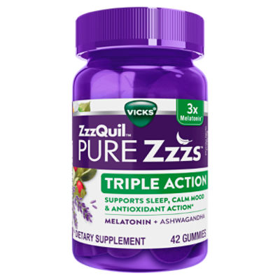 ZzzQuil PURE Zzzs Triple Action, 6mg Melatonin Gummies, 3X Melatonin Sleep Aid with Ashwagandha, Calm Mood & Antioxidant Action, Sleep Aid for Adults, 6 mg per serving, 60 Count