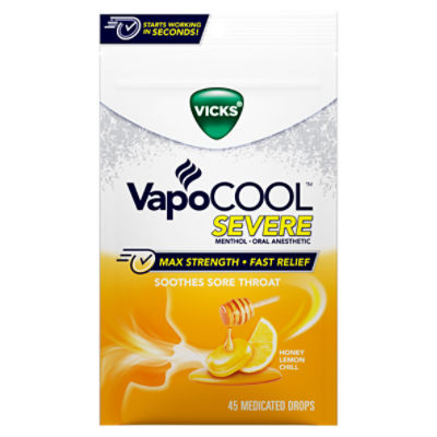 Vicks VapoCOOL SEVERE Medicated Sore Throat Drops, Fast-Acting Max Strength Relief, Soothes Sore Throat Pain Caused by Cough, Powerful Vicks Vapors, Menthol, Honey Lemon Chill Flavor, 45ct