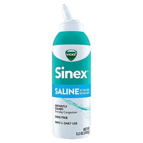 Vicks Sinex SALINE Nasal Spray, Drug Free Ultra Fine Mist, Clear Everyday Sinus Congestion Fast, Clear Mucus from a Cold or Allergy, Daily Use 5.0 fl oz