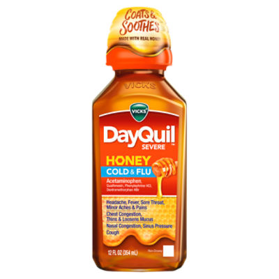 Vicks DayQuil SEVERE Honey Cold and Flu Medicine, 12 fl oz, Maximum Strength, Relieves Cough, Sore Throat, Fever, Congestion