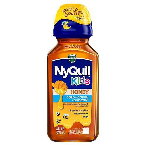 VICKS NyQuil Kids Honey Cold & Cough + Congestion Nighttime Relief Liquid, Ages 6+, 8 fl oz
Vicks NyQuil Kids Cold and Cough + Congestion Relief is from the makers of Vicks, the Brand parents trust for over 125 Years. It is flavored with real honey and is fast, proven relief for your little one. For Kids 6+. Formulated for kids and tastes great! Free of high fructose corn syrup, alcohol, aspirin, and acetaminophen.