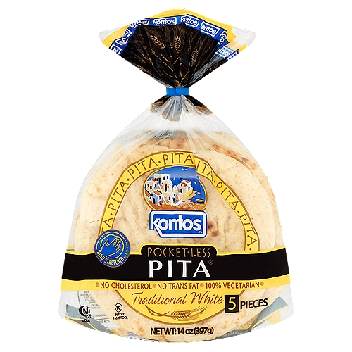 Kontos Traditional White Pocket-Less Pita, 5 count, 14 oz
Konto's Signature Pita
Our Mediterranean-style pita was created with home in mind! Its taste and texture will take you back to the family kitchen of your childhood. Though classically inspired, it meets the needs of today's on-the-go lifestyle.