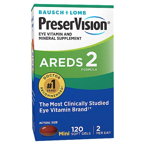 Bausch + Lomb PreserVision AREDS 2 Formula Eye Vitamin and Mineral Supplement, 120 count
Based on the Only patented clinically proven formula*†
†versus original PreserVision® AREDS 2 Soft Gel

PreserVision® AREDS 2 Formula provides per day
Exact levels of 6 key nutrients from the AREDS2 clinical study*
Lutein 10 mg, Zeaxanthin 2 mg, Vit. E 180 mg, Copper 2 mg, Zinc 80 mg, Vit. C 500 mg
*These statements have not been evaluated by the Food and Drug Administration. This product is not intended to diagnose, treat, cure, or prevent any disease.