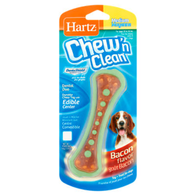 Hartz Chew'n Clean Dental Duo Medium Bacon Flavor Toy + Treat for Dogs, 1.9 oz