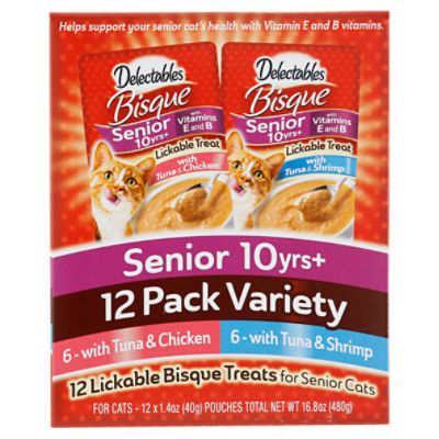 Delectables Lickable Bisque Treats for Senior Cats Pack Variety, Senior 10yrs+, 1.4 oz, 12 count, 16.8 Ounce