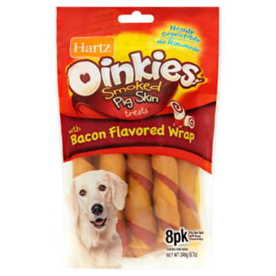 Hartz Oinkies Smoked Pig Skin Treats with Bacon Flavored Wrap Chews for Dogs, 8 count, 8.7 oz