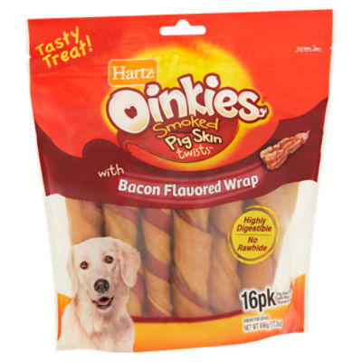 Hartz Oinkies Smoked Pig Skin Twists with Bacon Flavored Wrap Chews for