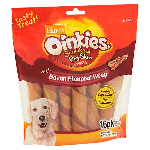Hartz Oinkies Smoked Pig Skin Twists with Bacon Flavored Wrap Chews for Dogs, 16 count, 17.5 oz