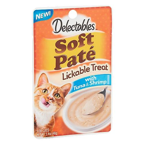Hartz Delectables Soft Pate with Tuna & Shrimp is a moist, creamy pate of tender real tuna & real shrimp - a lickable treat so delicious cats lick the bowl clean. No cutting, no mess. Just squeeze out of the pouch and it's ready to serve.